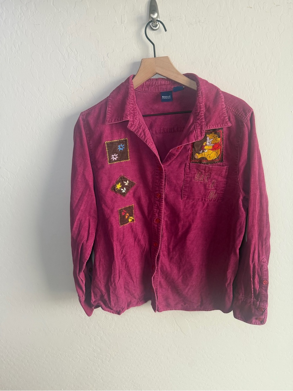 Winnie The Pooh Corduroy Women’s Button Down Shirt XL Y2K Patchwork Fall